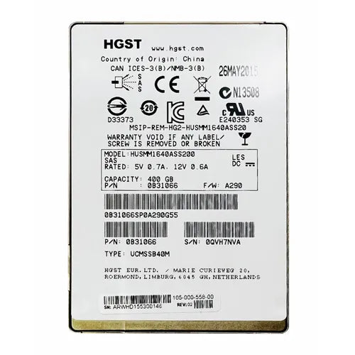 0B31066 HGST Ultrastar SSD1600MM Series 400GB Multi-Level Cell SAS 12Gb/s Mainstream Endurance (Crypto Sanitize) 2.5-inch Solid State Drive