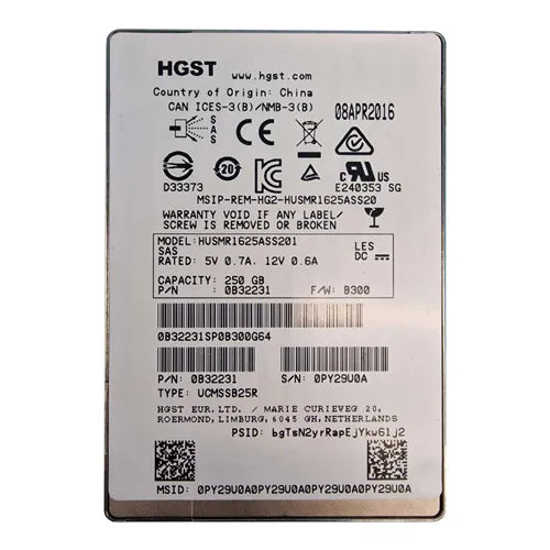 0B32231 HGST Ultrastar SSD1600MR Series 250GB Multi-Level Cell SAS 12Gb/s Read Intensive (TCG Encryption) 2.5-inch Solid State Drive