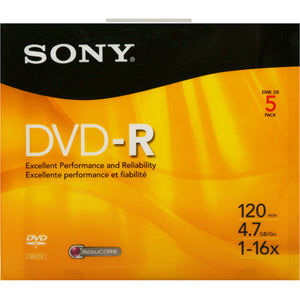 5DMR47R4H Sony DVD Recordable Media DVD-R 16x 4.70GB 5 Pack Slim Jewel Case 120mm2 Hour Maximum Recording Time