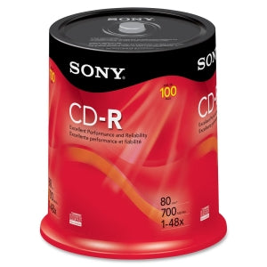 100CDQ80RS Sony CD Recordable Media CD-R 48x 700 MB 100 Pack Spindle 120mm1.33 Hour Maximum Recording Time