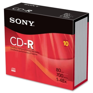 10CDQ80R Sony CD Recordable Media CD-R 48x 700 MB 10 Pack Slim Jewel Case 120mm1.33 Hour Maximum Recording Time