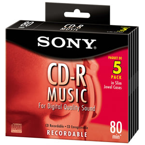 5CRM80RH Sony CD-R Media 700MB 120mm Standard 5 Pack Slim Jewel Case