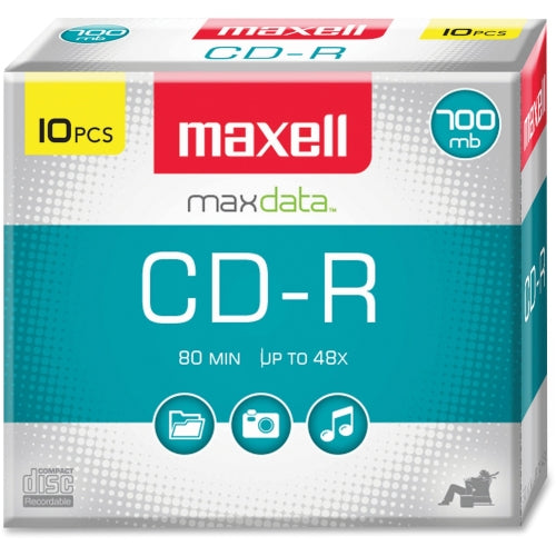 648210 Maxell CD Recordable Media CD-R 40x 700 MB 10 Pack Slim Jewel Case 120mm1.33 Hour Maximum Recording Time