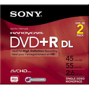 2DPR55DLR1H Sony DVD Recordable Media DVD+R DL 2x 2.60GB 2 Pack Jewel Case 80mm Mini55 Minute Maximum Recording Time