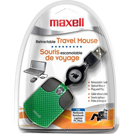 191033 Maxell Travel Mouse Optical Wired Green USB 800 dpi Scroll Wheel