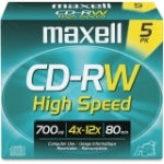 630025 Maxell CD Rewritable Media CD-RW 4x 700 MB 5 Pack 120mm1.33 Hour Maximum Recording Time