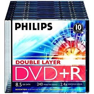 DR8S2S10F/17 Philips Dvd+r 8.5gb Data 240min Vid 2.4x Slim Jewel 10pk