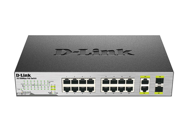 DES-1018MP - D-Link DES-1018MP RJ-45 16 x Ports PoE 10/100Base-TX + 2 x SFP Combo Ports Layer 2 Unmanaged Fast Ethernet Network Switch