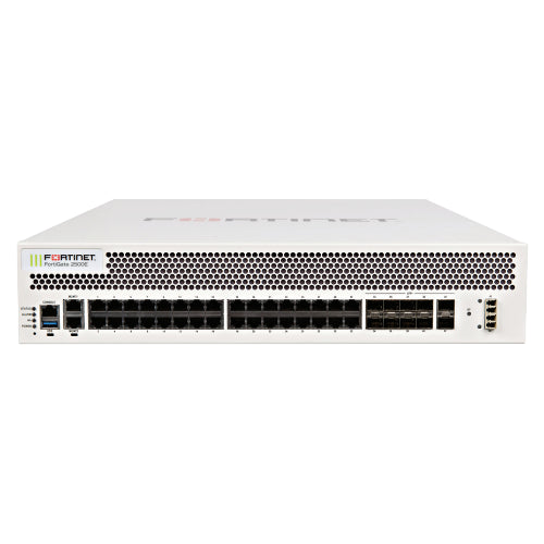 FG-2500E Fortinet FortiGate 2500E Series 10 x Ports 10GbE SFP+ + 32 x Ports 1GbE RJ-45 + 2 x Ports 1GbE Management 2U Rack-Mountable Network Security Firewall Appliance