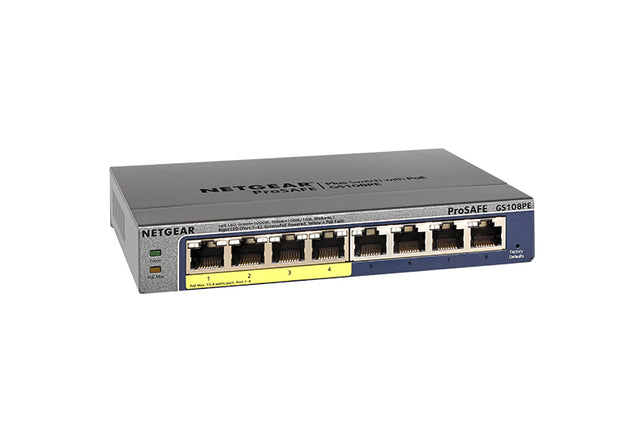 GS108PE-300AUS - Netgear Prosafe GS108P 4 x RJ-45 Ports PoE 10/100/1000Base-T + 4 x RJ-45 Ports Layer2 Unmanaged Gigabit Ethernet Network Switch