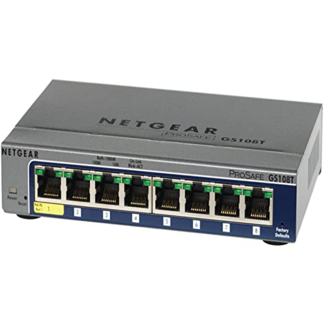 GS108T200UKS - Netgear Prosafe GS108T 7 x RJ-45 Ports 10/100/1000Base-T + 1 x RJ-45 PD Port Layer 2 Unmanaged Gigabit Ethernet Network Switch