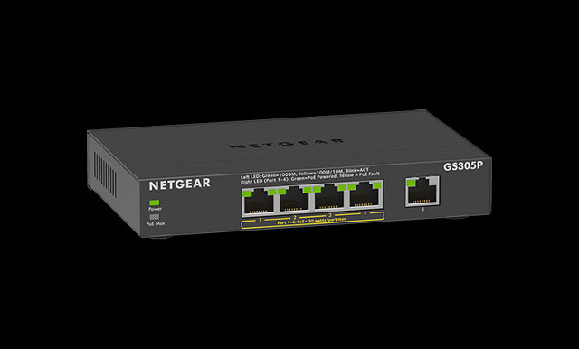 GS305P - Netgear 300 Series GS305P 4 x Ports PoE+ 10/100/1000Base-T + 1 x Port 1000Base-T Unmanaged Gigabit Ethernet Network Switch