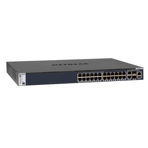 GSM4328S-100NES Netgear Prosafe M4300 Series M4300-28G 24 x RJ-45 Ports 1000Base-T + 2 x SFP+ Copper Ports + 2 x SFP+ Ports Layer 3 Managed Rack-mountable Gigabit Ethernet Network Switch