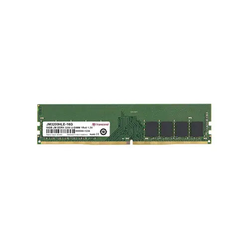 JM3200HLE-16G - Transcend 16GB 3200 MHz PC4-25600 ECC Unbuffered CL22 288-Pin DIMM 1.2V 1Rx8 Memory Module